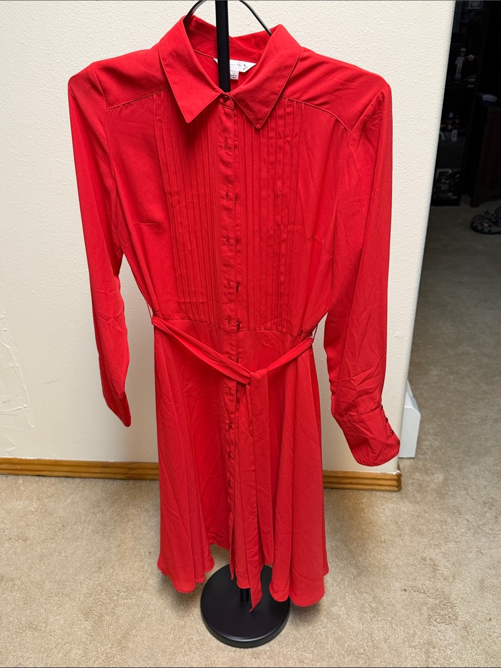 Nanette Lepore Red Long-Sleeve Pleated Shirt Dress Chemise with Tie